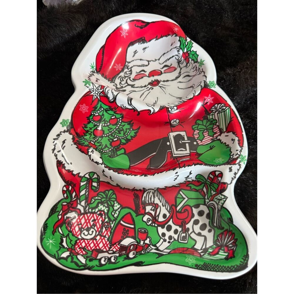 Vintage Berman Industries Plastic Christmas Santa Serving Tray with 3 Sections